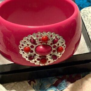 Vintage retro Lucite Pink Bangle with Silver and Red Embellishment, wide band.